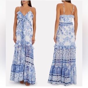 PatBO Amalfi Convertible White/Blue Printed Ruffle Chiffon Maxi Dress Size XS